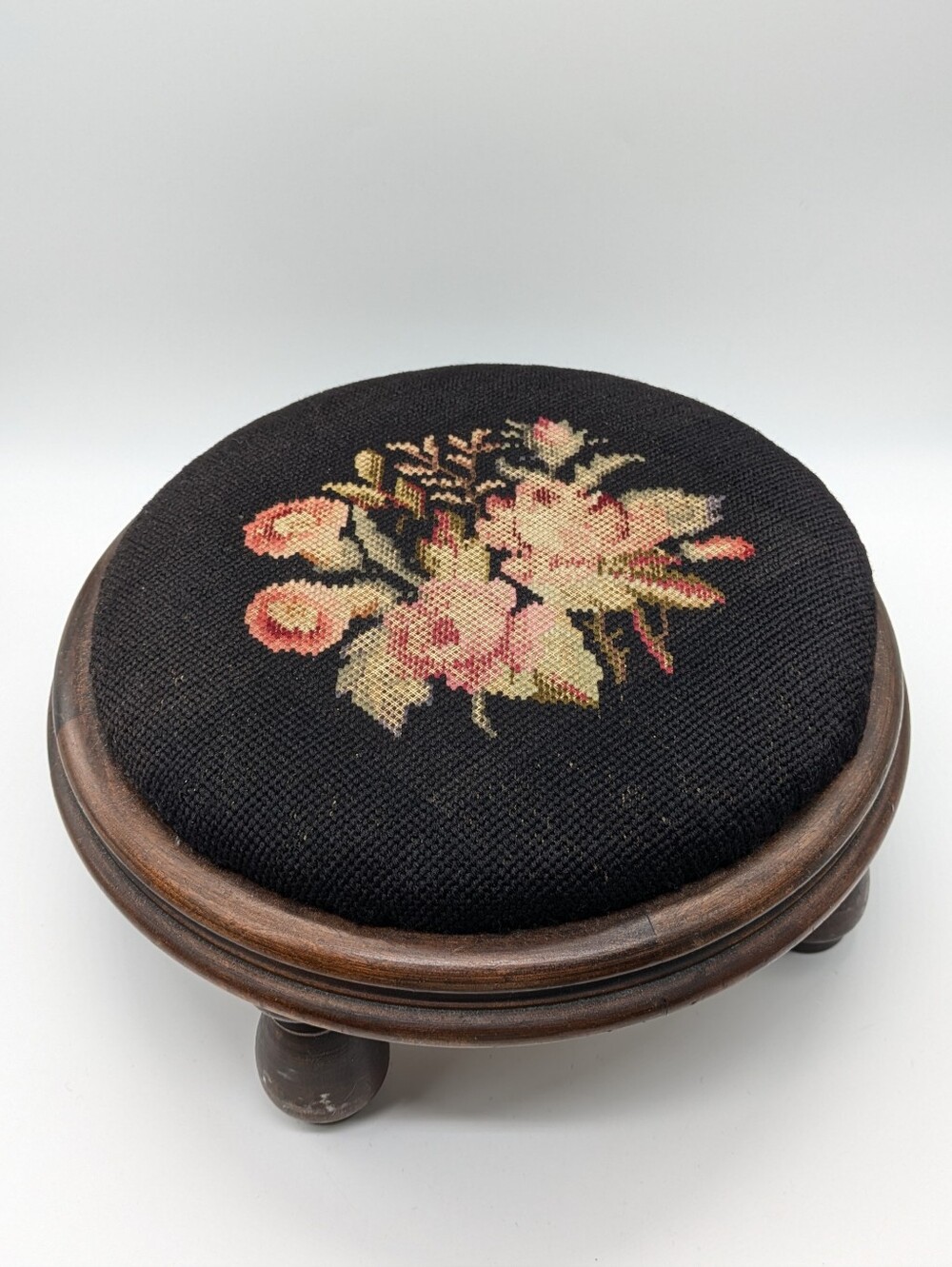 Vintage Needlepoint Black Pink Floral Wooden Footstool
